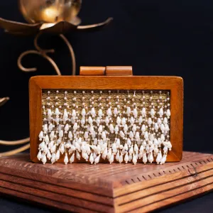 White Pearl Tassel Embellished Wooden Clutch