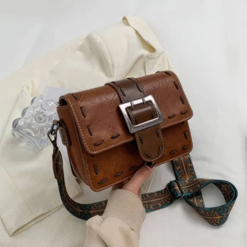 Wide strap shoulder bag retro PU small bag