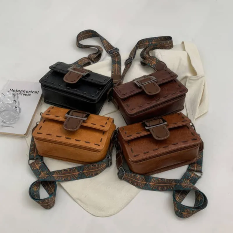 Wide strap shoulder bag retro PU small bag