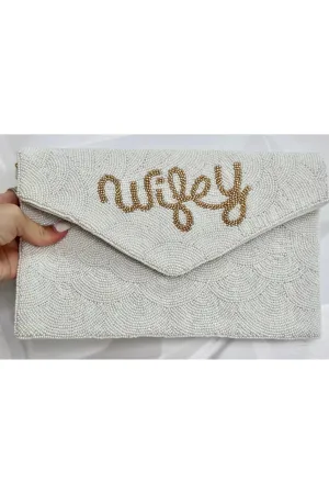 Wifey Pearl White and Gold Clutch Bag