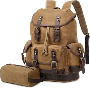 Wogarl Leather Backpack for Men, Waxed Canvas Vintage Backpack Rucksack for Business College Travel Hiking Shoulder Daypacks With Toiletry Bag(Khaki)