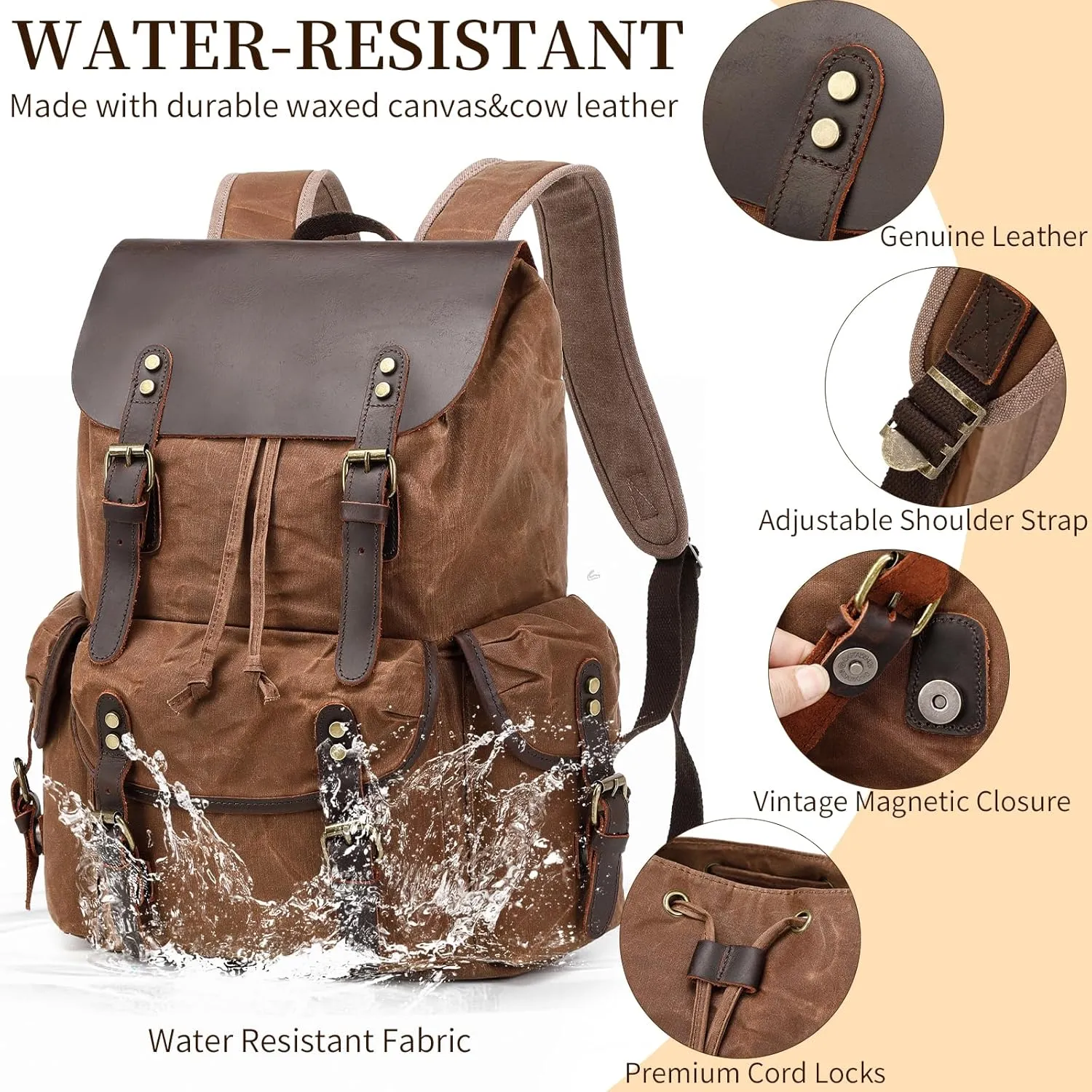 Wogarl Vintage Leather Canvas Backpack, Waxed Canvas Shoulder Rucksack with Toiletry Shoulder Rucksack for Traveling, Camping, Hiking,Business College Fits 17inch Laptop,Coffee