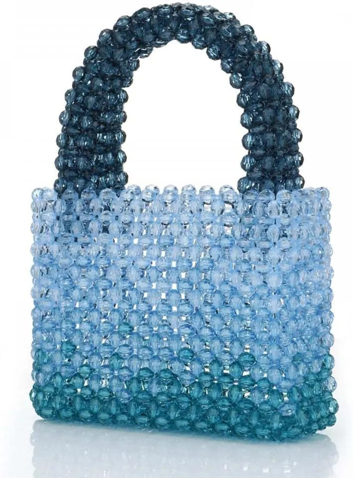 Women Acrylic Mini Beads Handmade Gradient Clear Blue Beads Tote Bags for Wedding Beach Party