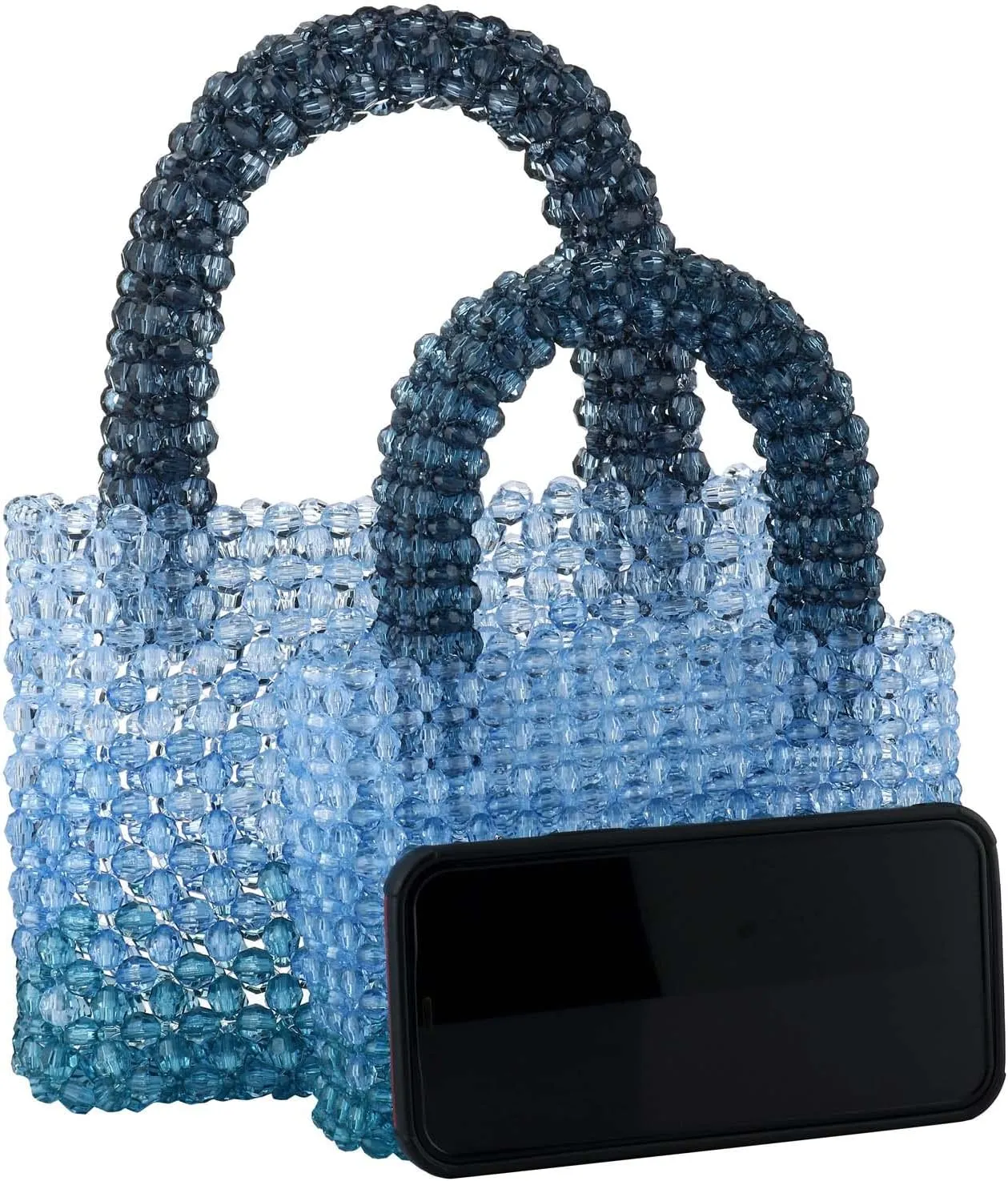 Women Acrylic Mini Beads Handmade Gradient Clear Blue Beads Tote Bags for Wedding Beach Party