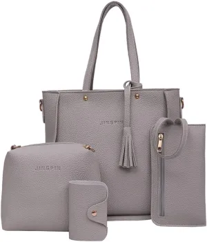 Women Four Set Handbag Shoulder Bags Four Pieces Tote Bag Crossbody Wallet Shoulder Bags (Grey, One Size)