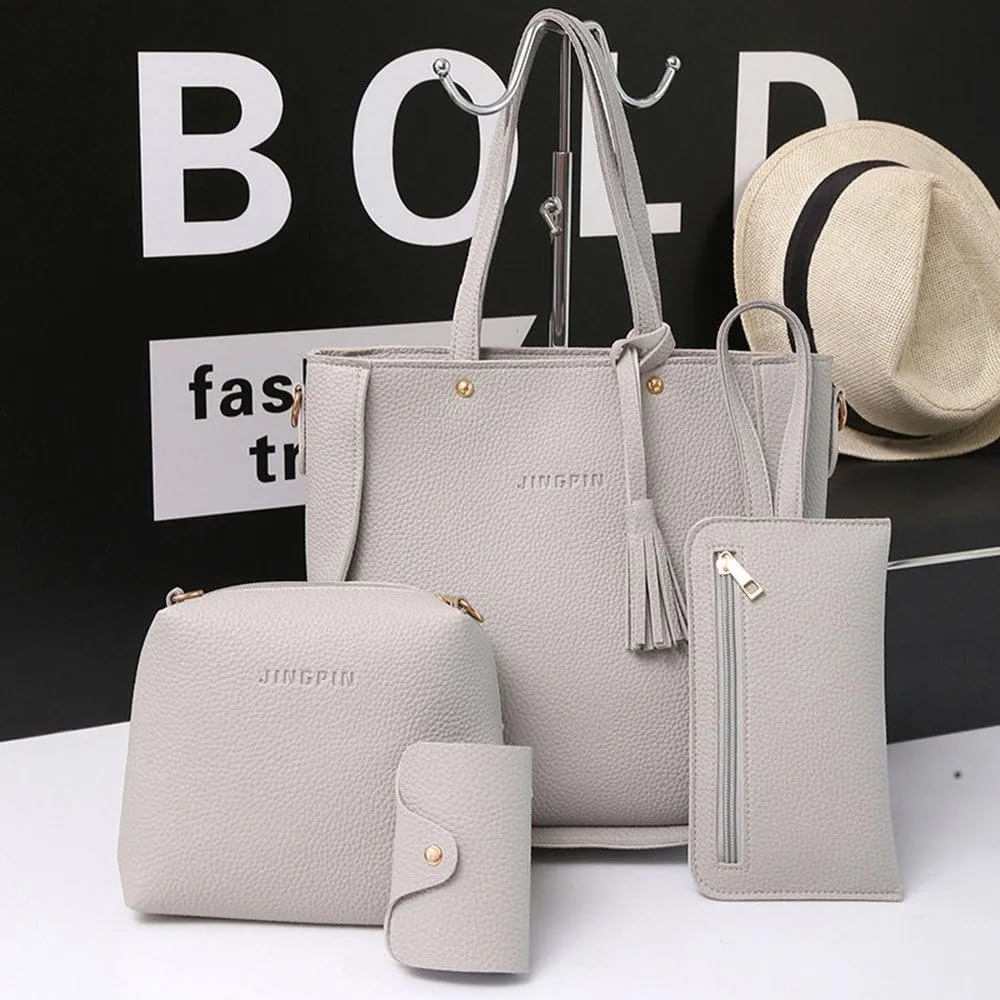 Women Four Set Handbag Shoulder Bags Four Pieces Tote Bag Crossbody Wallet Shoulder Bags (Grey, One Size)