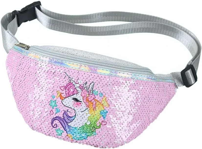 Women Girls Boys Unicorn Reversible Sequins Fanny Pack Waist Pack Women Crossbody Chest Bum Belt Bag, Pink Unicorn, One Size
