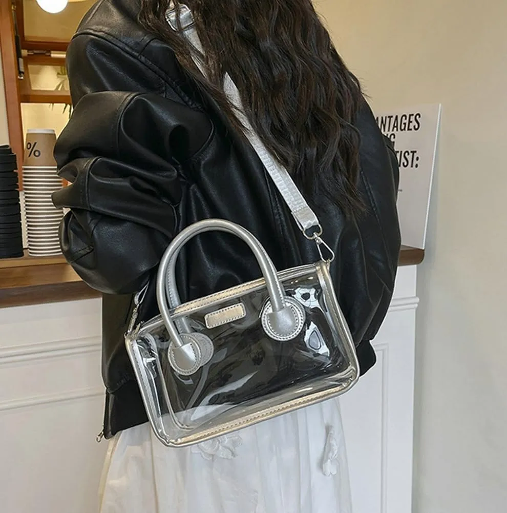 Women Large Clear Tote Bag Shoulder Handbag Stylish Transparent Crossbody Bag with Adjustable Strap for Sport Beach