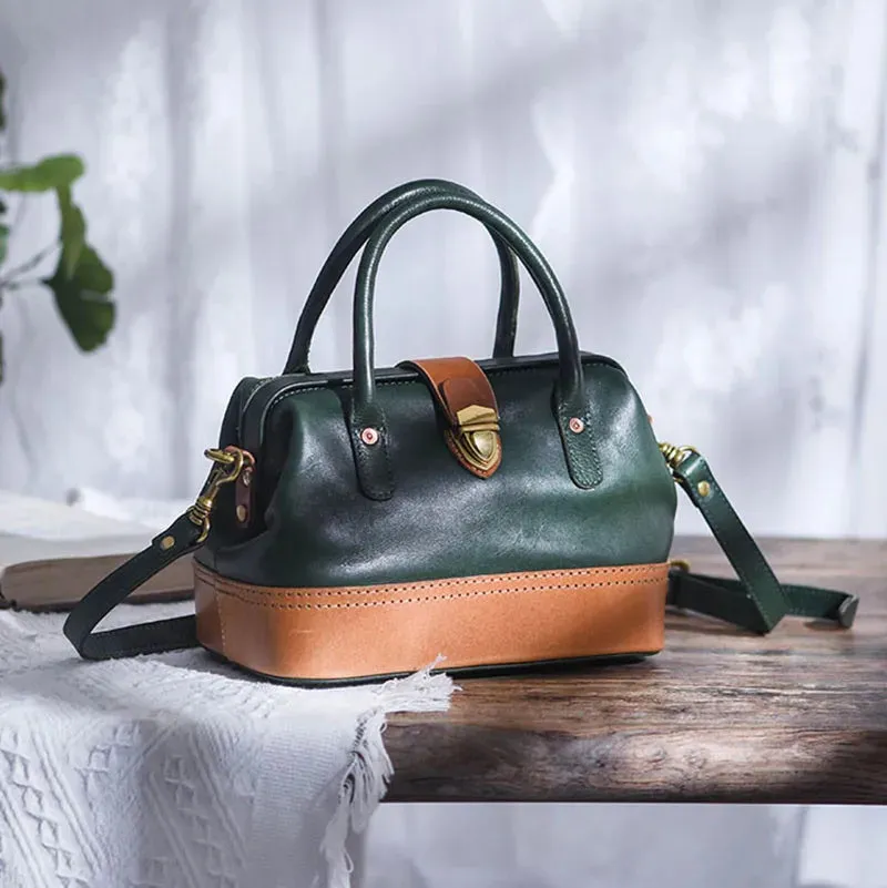 Women Leather Doctor Bag Color Block Weekend Daily Small Handbag Shoulder Bag