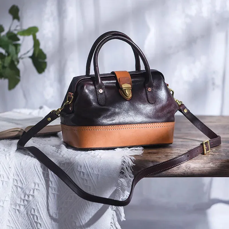 Women Leather Doctor Bag Color Block Weekend Daily Small Handbag Shoulder Bag