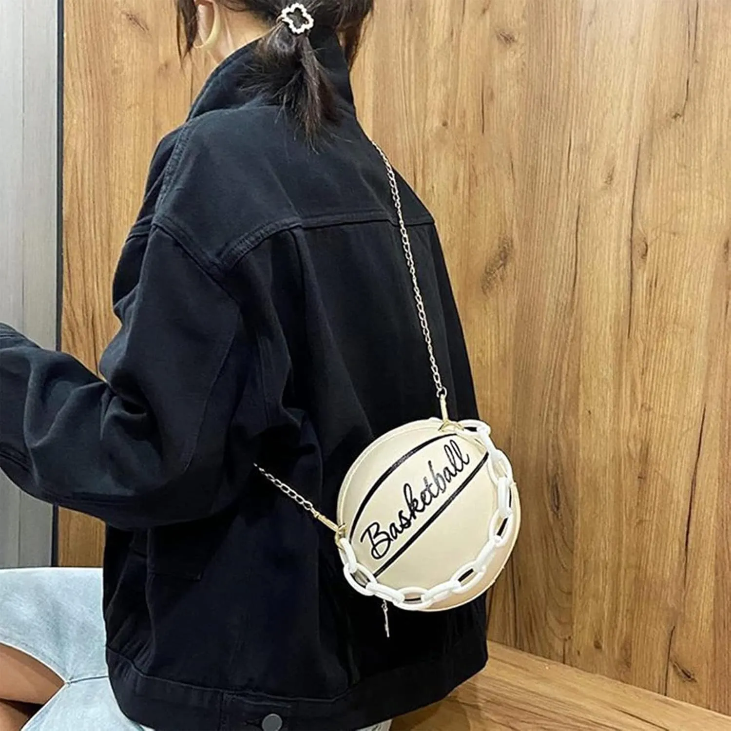 Women Shoulder Bag Chain Basketball Shaped Purse Round Body Handbag Oversized Clutch for Women