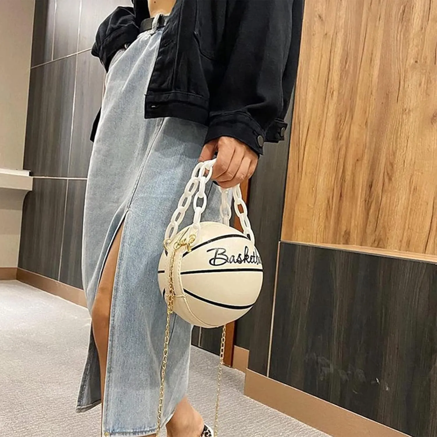 Women Shoulder Bag Chain Basketball Shaped Purse Round Body Handbag Oversized Clutch for Women