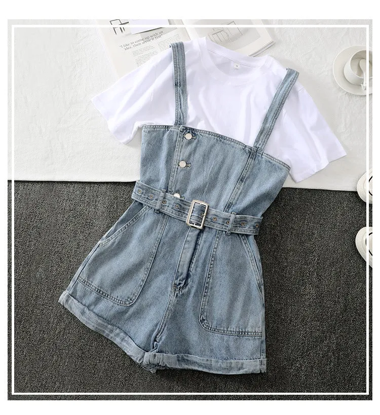 Women Trendy Loose Korean Strap Shorts Slim Look Jumper Sets