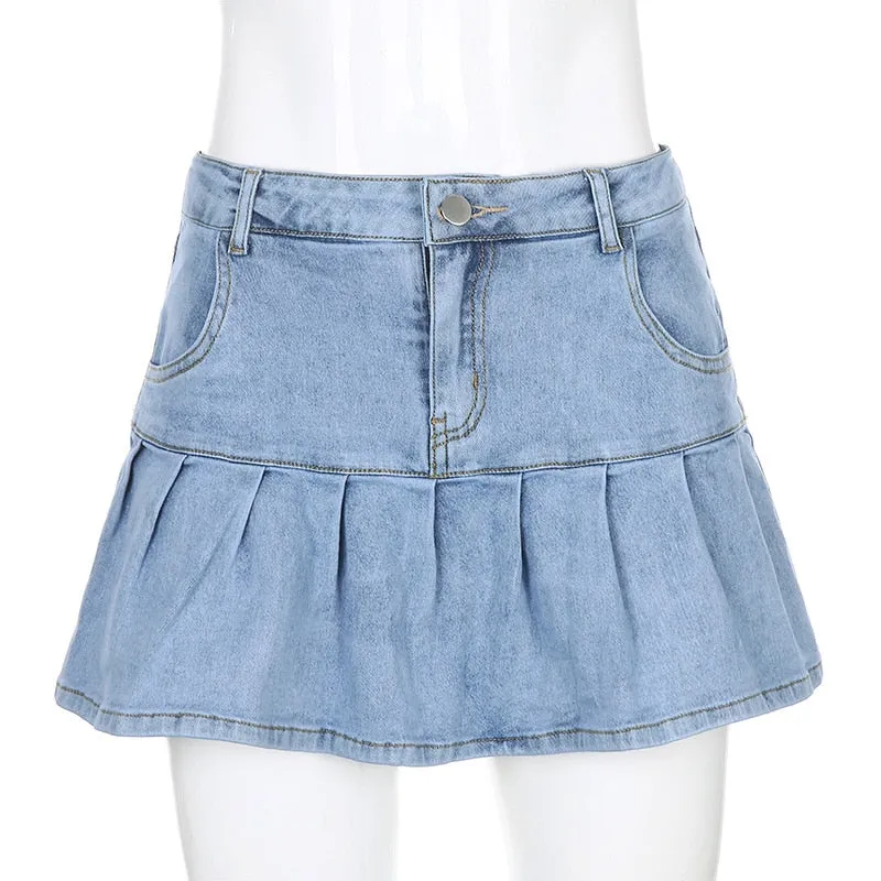 Women's A-Line Skirt Gothic Denim Pleated Skirt Summer 2021 Y2K Aesthetics Streetwear Vintage E Girl 90s Dollskilling