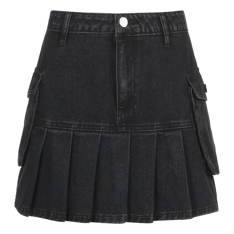 Women's A-Line Skirt Gothic Denim Pleated Skirt Summer 2021 Y2K Aesthetics Streetwear Vintage E Girl 90s Dollskilling