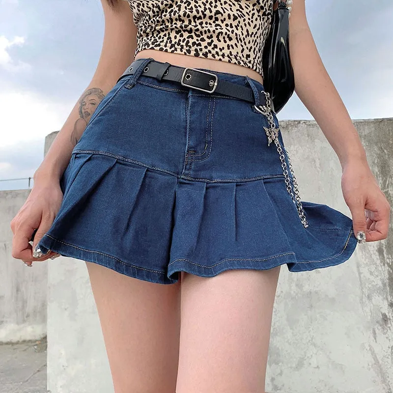 Women's A-Line Skirt Gothic Denim Pleated Skirt Summer 2021 Y2K Aesthetics Streetwear Vintage E Girl 90s Dollskilling