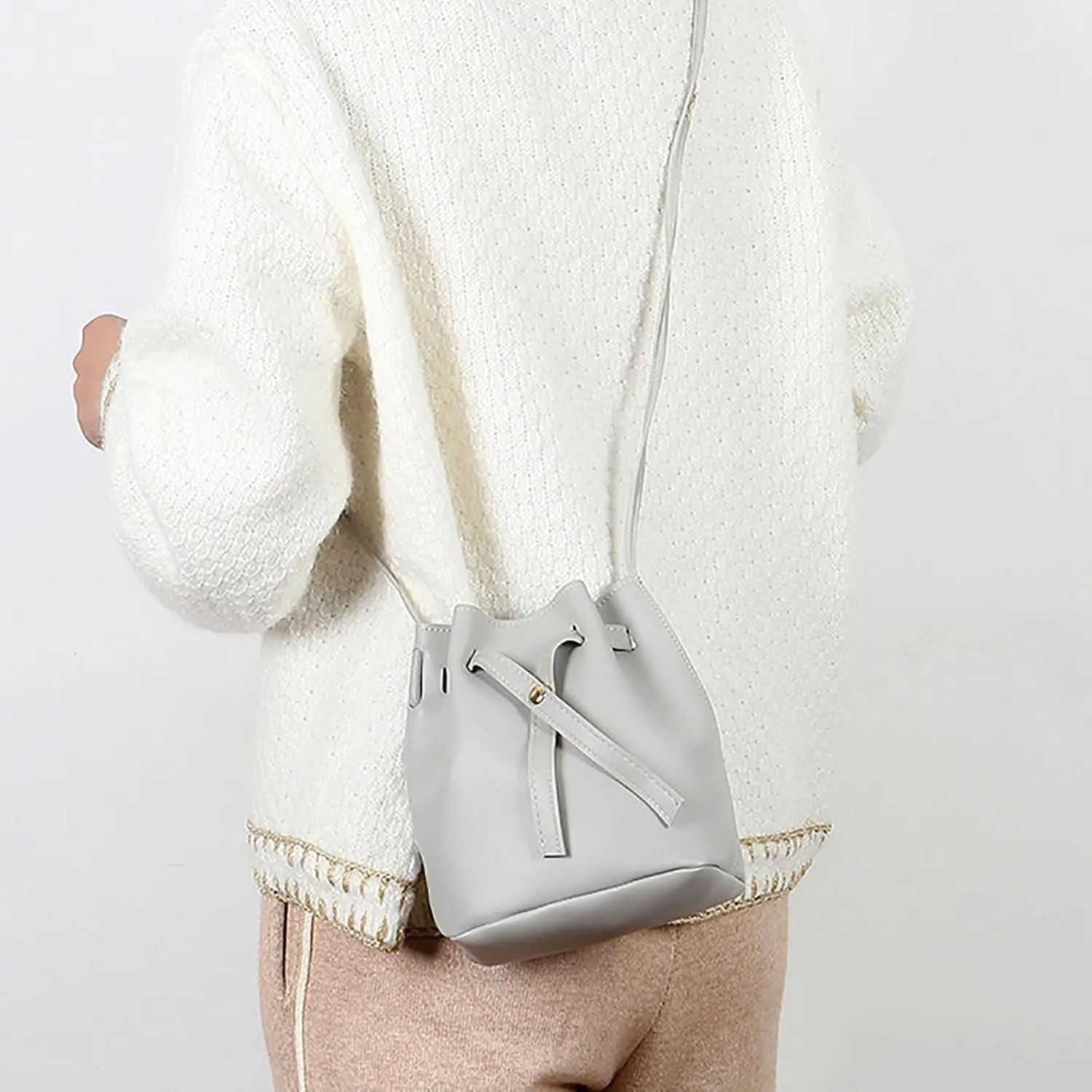Women's Bags Trendy Fashion Drawstring Lady Bags Border Casual Handbag Crossbody Shoulder Bag (Light Gray, One Size)