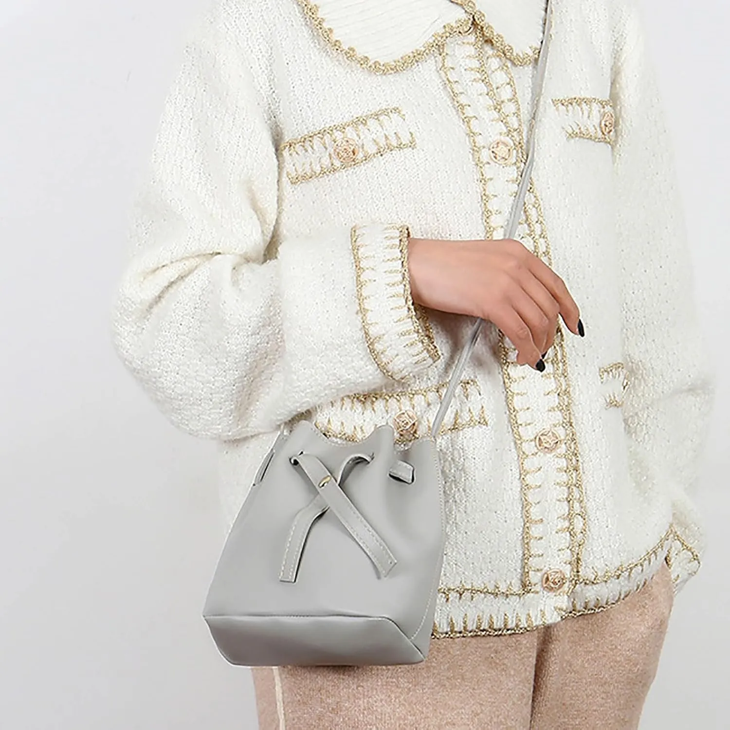 Women's Bags Trendy Fashion Drawstring Lady Bags Border Casual Handbag Crossbody Shoulder Bag (Light Gray, One Size)