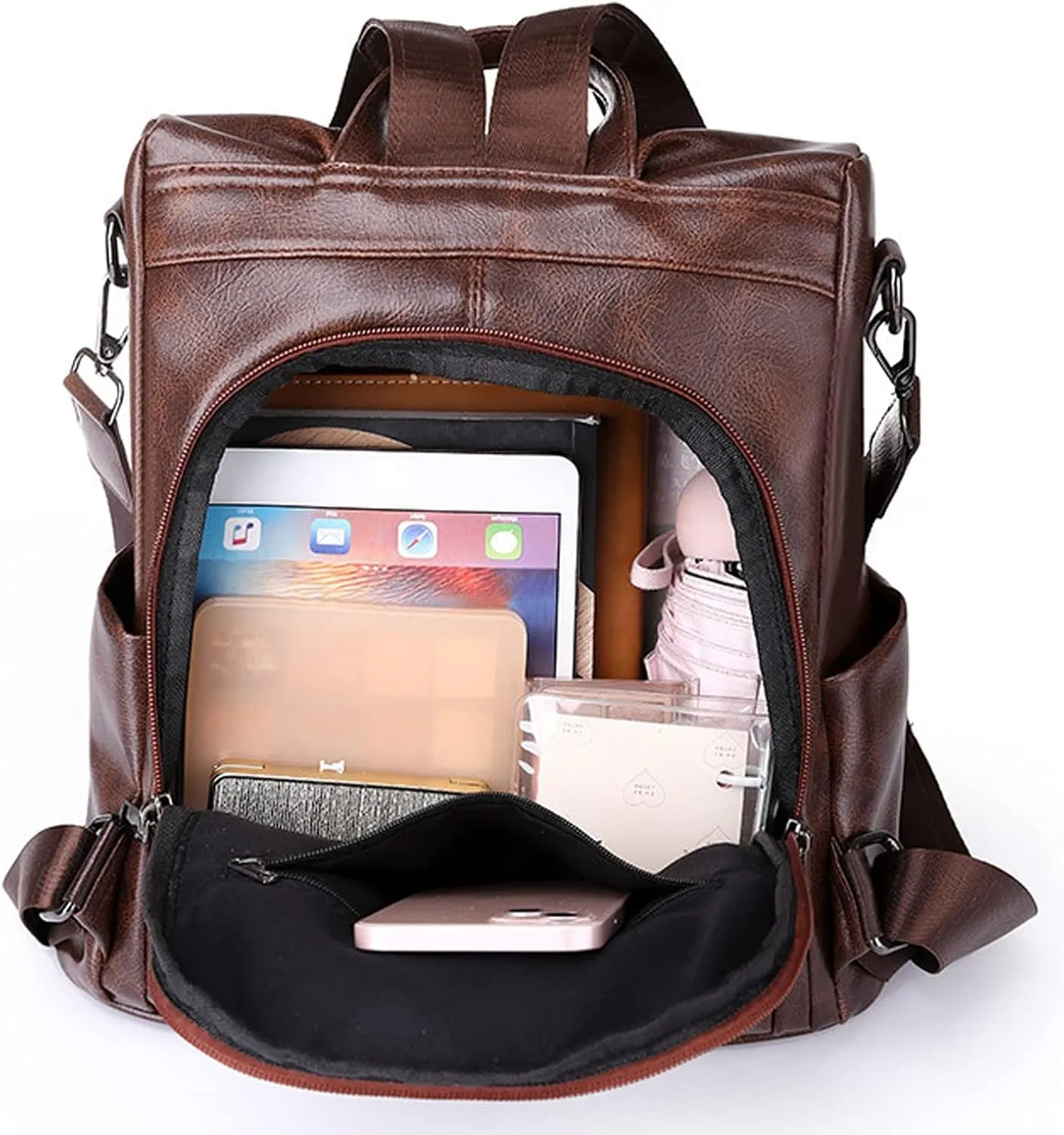 Women's Casual Fashion Backpack Adjustable Shoulder Belt Solid Color Messenger Bags Mini Convertible (Brown, One Size)