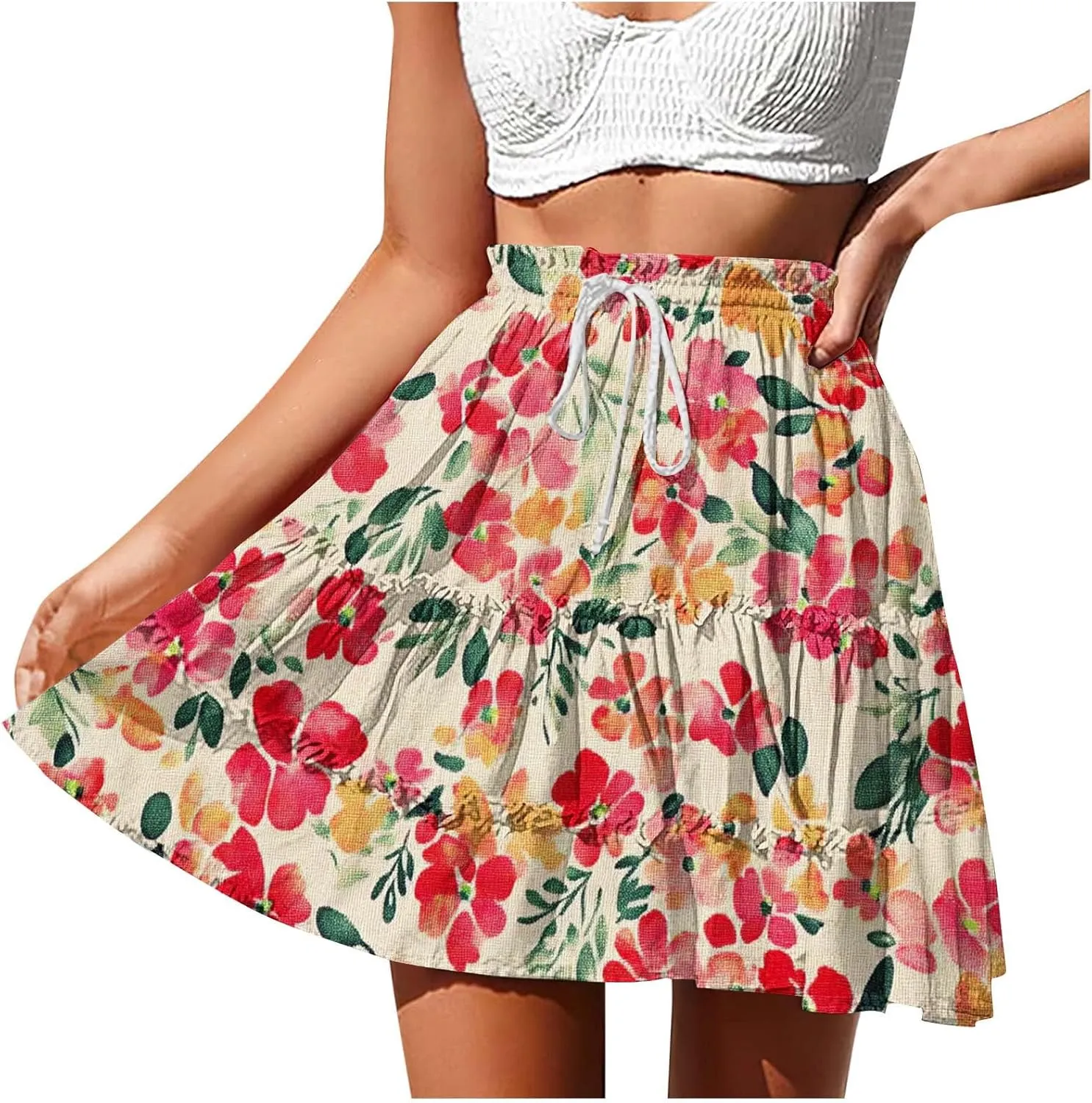 Women's Floral Summer Skirts High Waisted Casual Mini Skirts A Line Boho Beach Skirts Short Tiered Skirt for Vacation