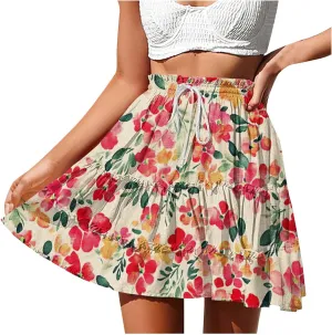 Women's Floral Summer Skirts High Waisted Casual Mini Skirts A Line Boho Beach Skirts Short Tiered Skirt for Vacation