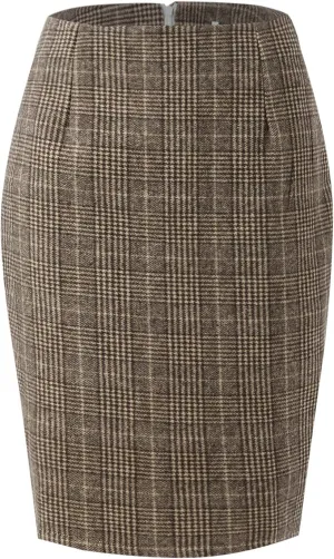 Womens Girl High Waisted Plaid Skirt Bodycon Pencil Skirts Fall Winter Wool Knee Length Skirt