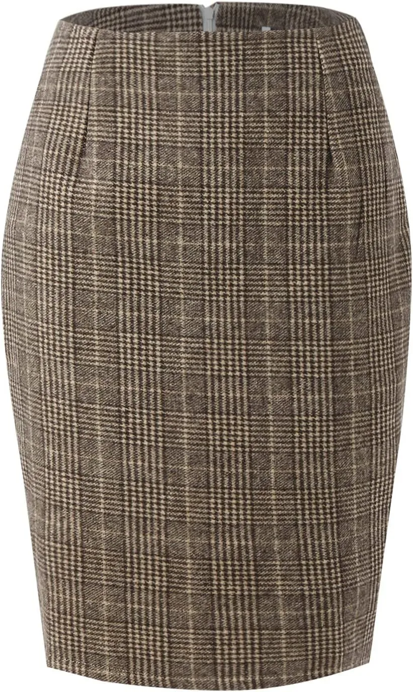 Womens Girl High Waisted Plaid Skirt Bodycon Pencil Skirts Fall Winter Wool Knee Length Skirt