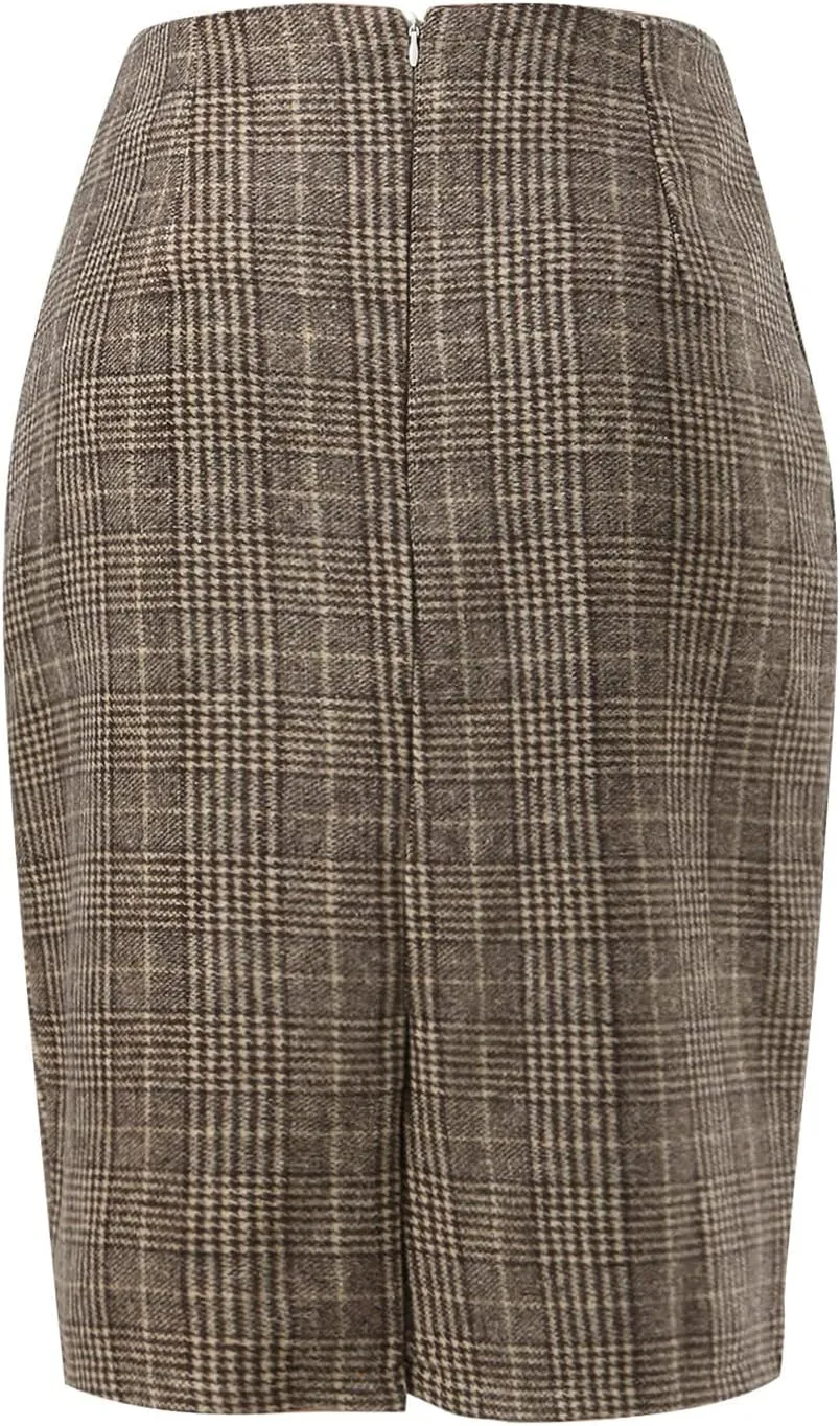 Womens Girl High Waisted Plaid Skirt Bodycon Pencil Skirts Fall Winter Wool Knee Length Skirt