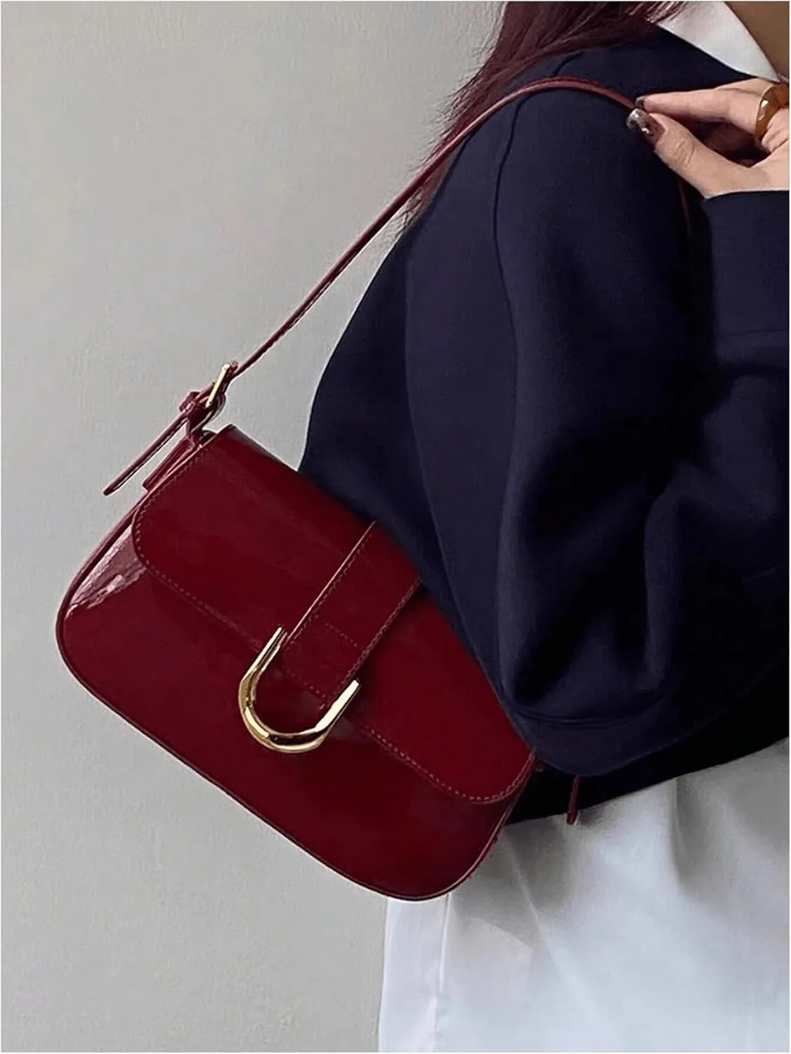 Women's Glossy Leather Flap Handbag Buckle Adjustable Strap Squared Shoulder Bags Purses