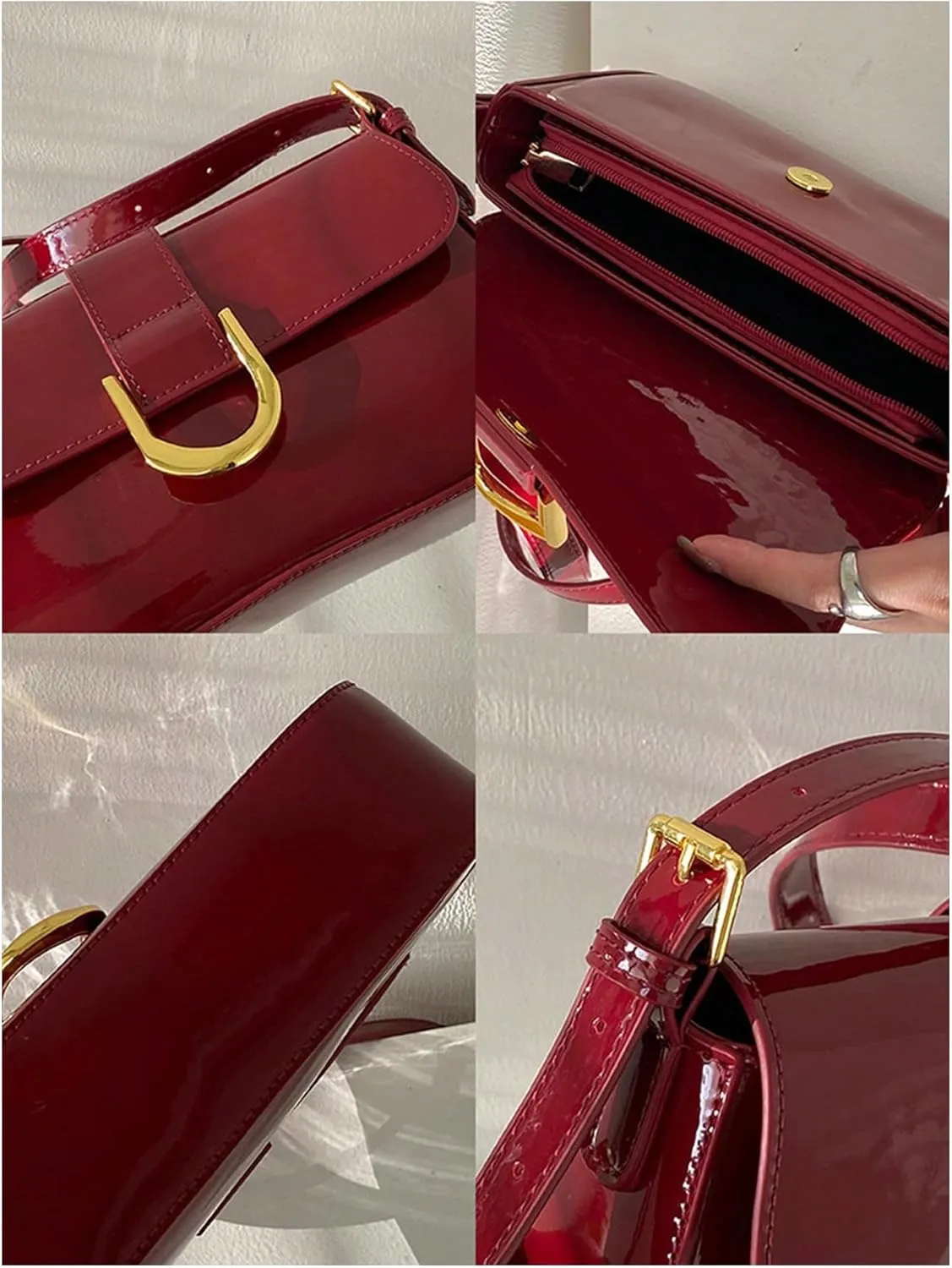 Women's Glossy Leather Flap Handbag Buckle Adjustable Strap Squared Shoulder Bags Purses