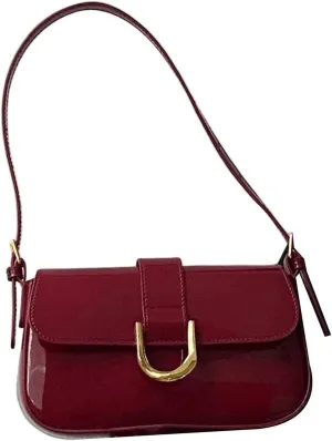 Women's Glossy Leather Flap Handbag Buckle Adjustable Strap Squared Shoulder Bags Purses