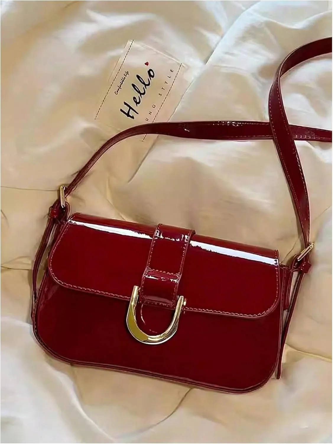 Women's Glossy Leather Flap Handbag Buckle Adjustable Strap Squared Shoulder Bags Purses