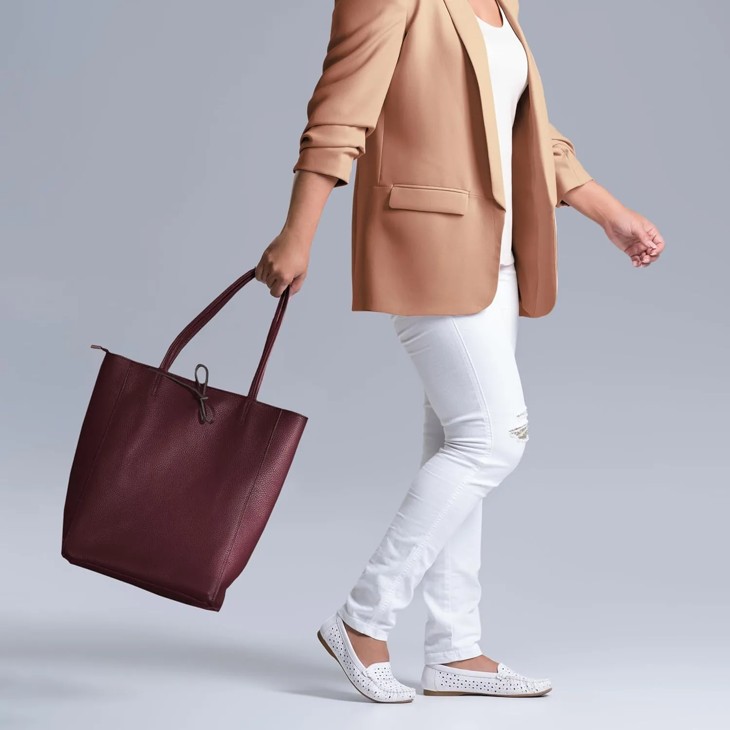Women's Leather Tote Bag with Zipper for Shopping, Travel and Work - Large Italian Shoulder Handbags