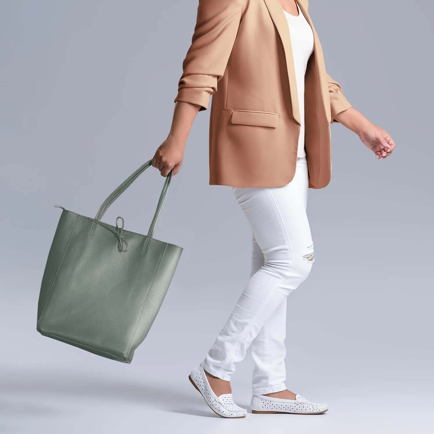 Women's Leather Tote Bag with Zipper for Shopping, Travel and Work - Large Italian Shoulder Handbags