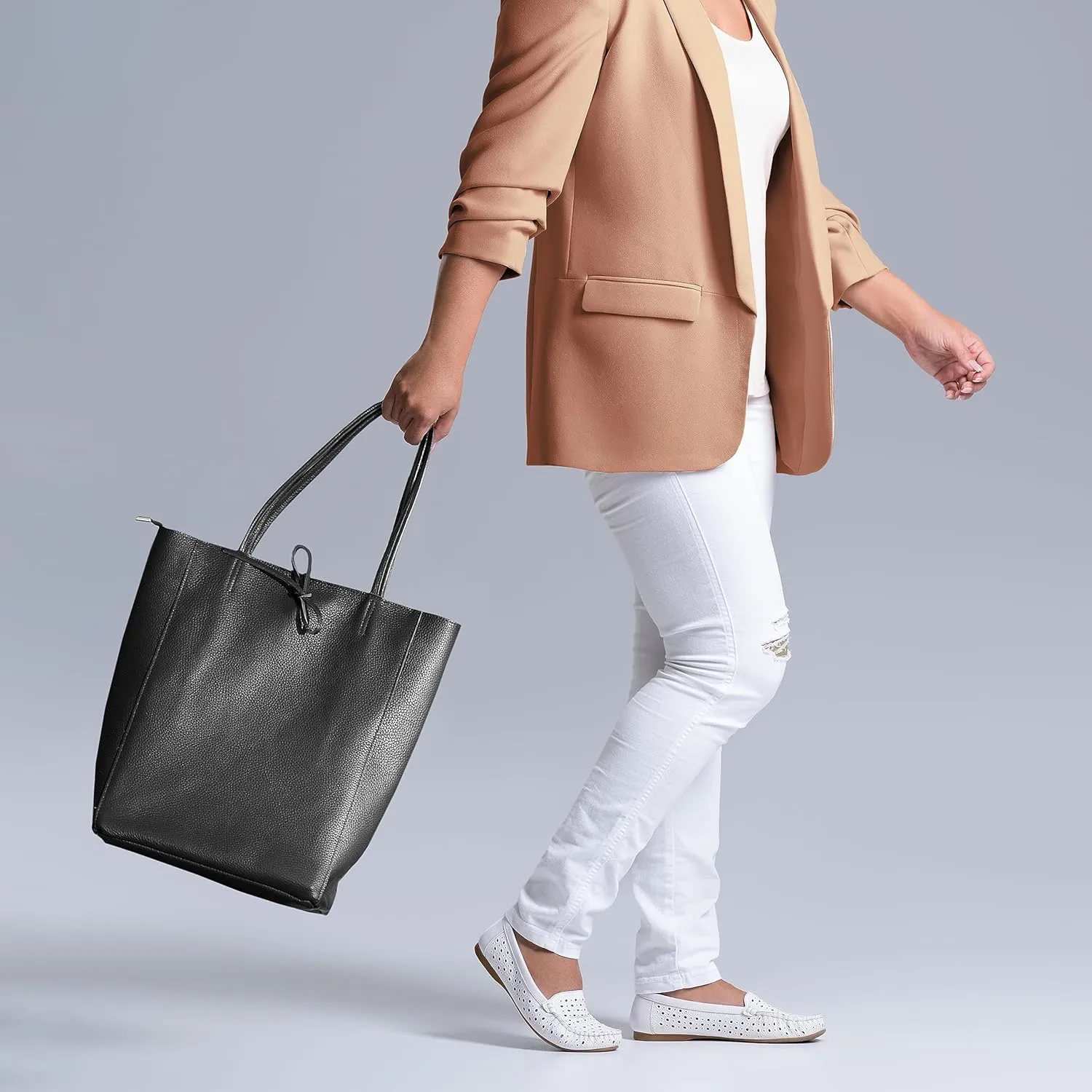 Women's Leather Tote Bag with Zipper for Shopping, Travel and Work - Large Italian Shoulder Handbags