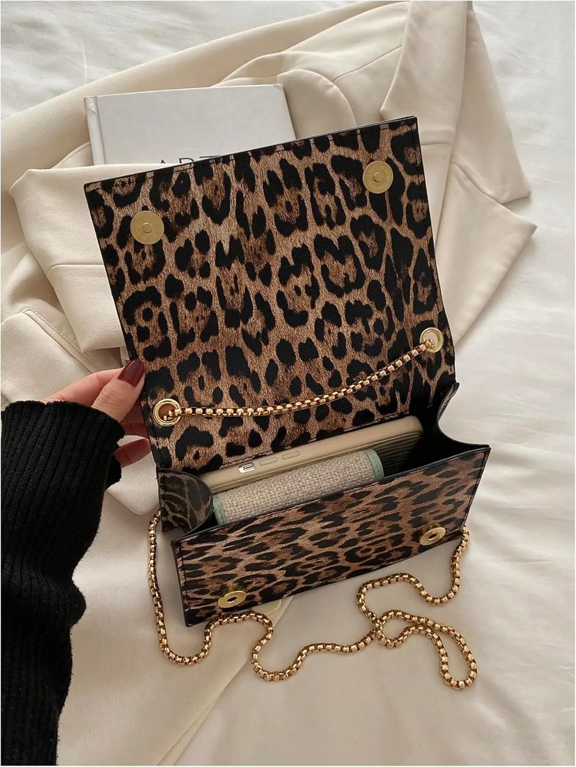 Women's Leopard Print Flap Shoulder Bags Chain Strap Square Bag Cheetah Crossbody Purse