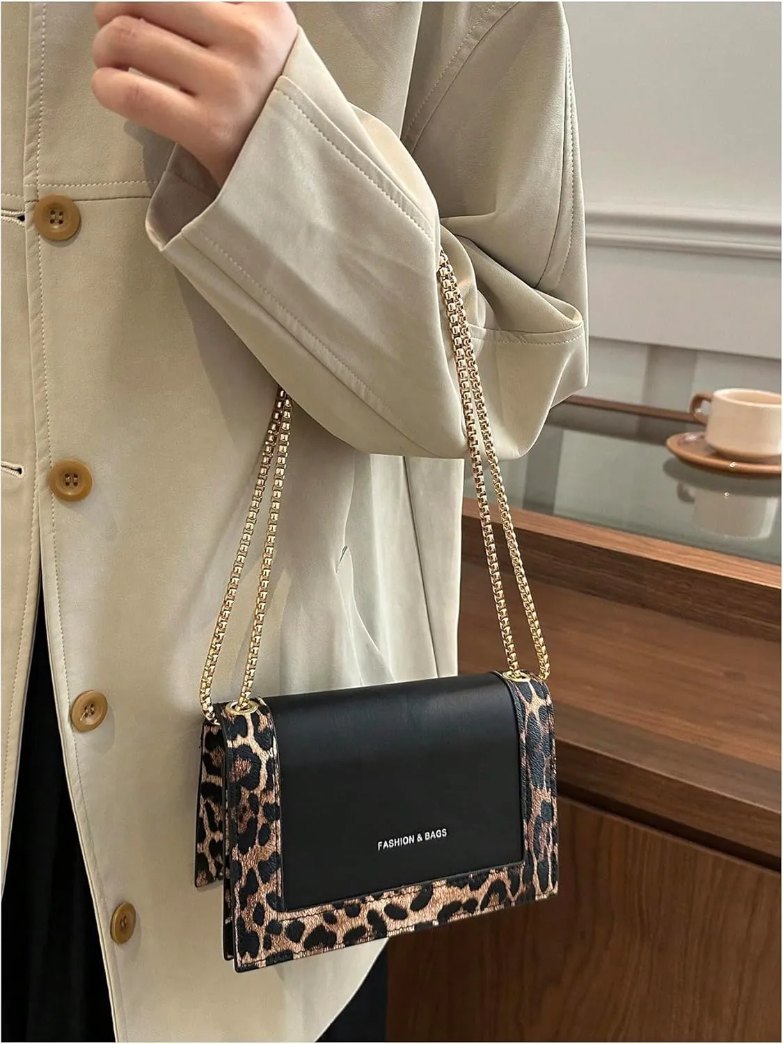 Women's Leopard Print Flap Shoulder Bags Chain Strap Square Bag Cheetah Crossbody Purse