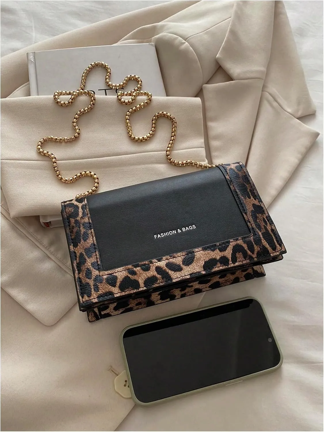 Women's Leopard Print Flap Shoulder Bags Chain Strap Square Bag Cheetah Crossbody Purse