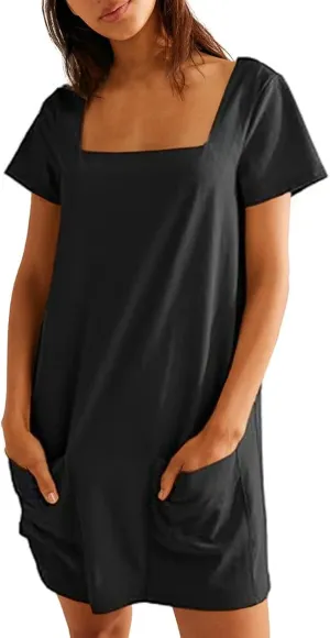 Womens Mini Dress Summer Square Neck Short Sleeve Shift Tshirt Dress Casual Cute Beach Vacation Dress with Pockets