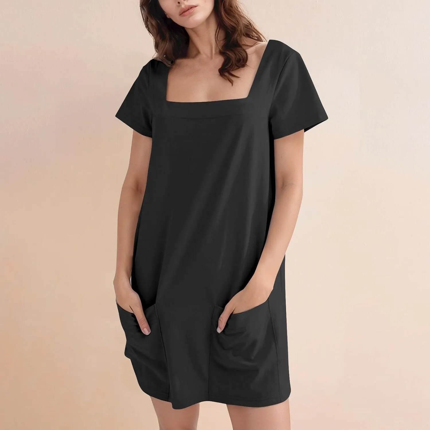Womens Mini Dress Summer Square Neck Short Sleeve Shift Tshirt Dress Casual Cute Beach Vacation Dress with Pockets