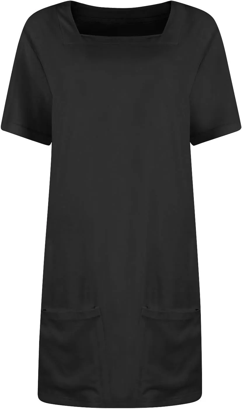Womens Mini Dress Summer Square Neck Short Sleeve Shift Tshirt Dress Casual Cute Beach Vacation Dress with Pockets