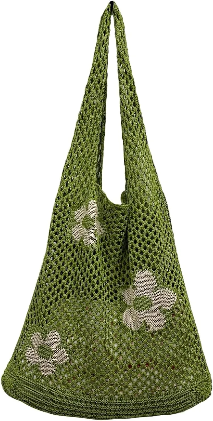 Women's New Japanese And Korean Tote Bags Flower Bag Knitted Mesh Hollow Shoulder Bag Mens (Light Green, One Size)