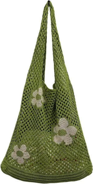 Women's New Japanese And Korean Tote Bags Flower Bag Knitted Mesh Hollow Shoulder Bag Mens (Light Green, One Size)
