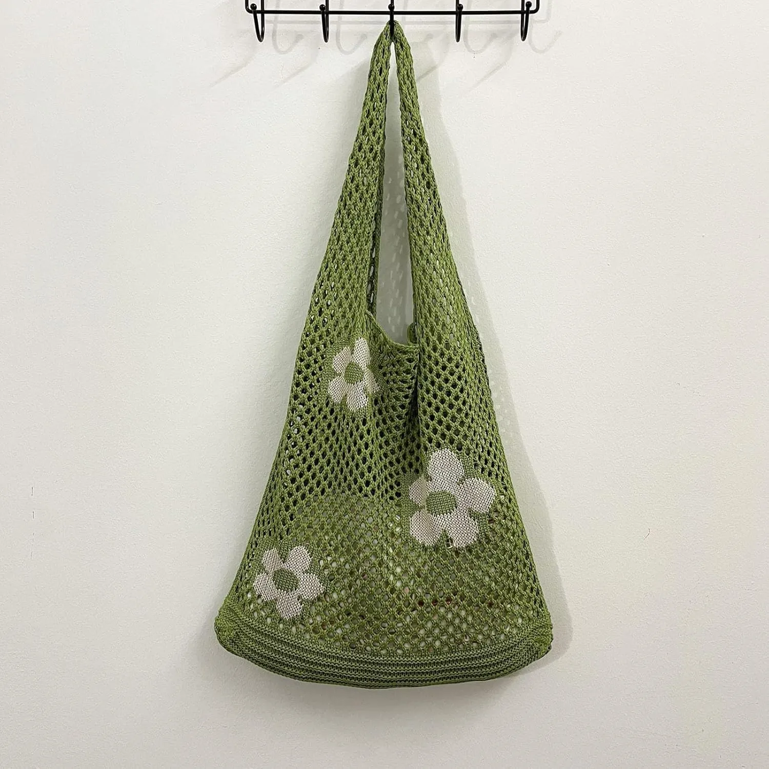 Women's New Japanese And Korean Tote Bags Flower Bag Knitted Mesh Hollow Shoulder Bag Mens (Light Green, One Size)