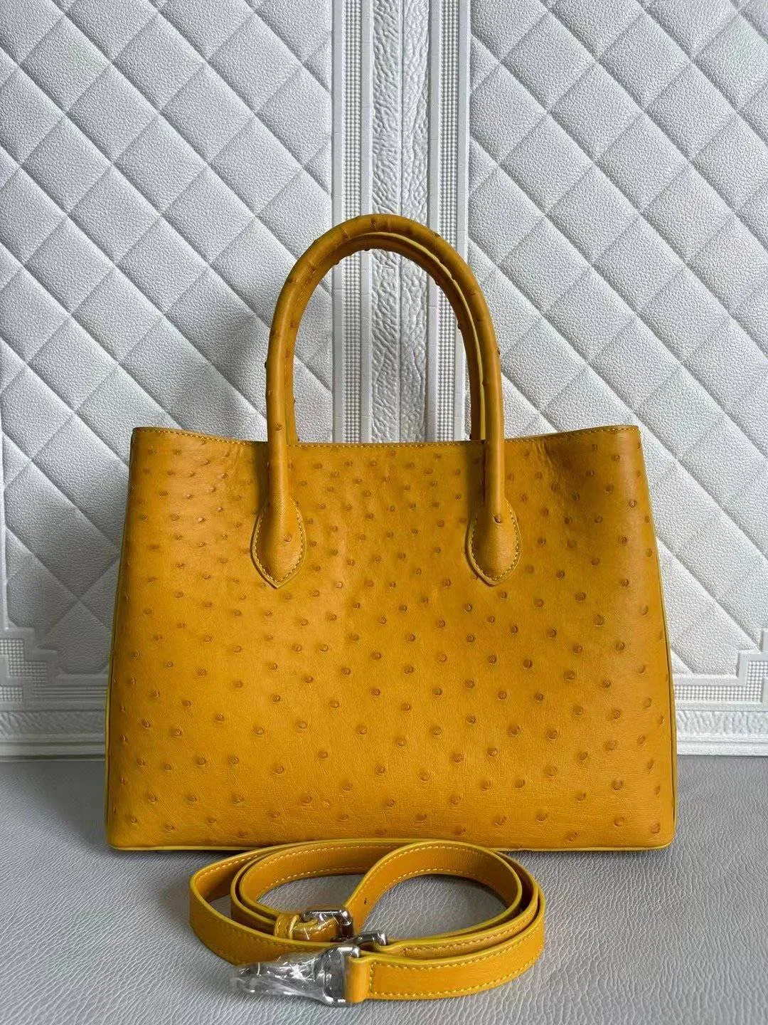 Womens Ostrich Leather Top Handle Shoulder Cross Body Bags Coral Blue & Yellow 33cm