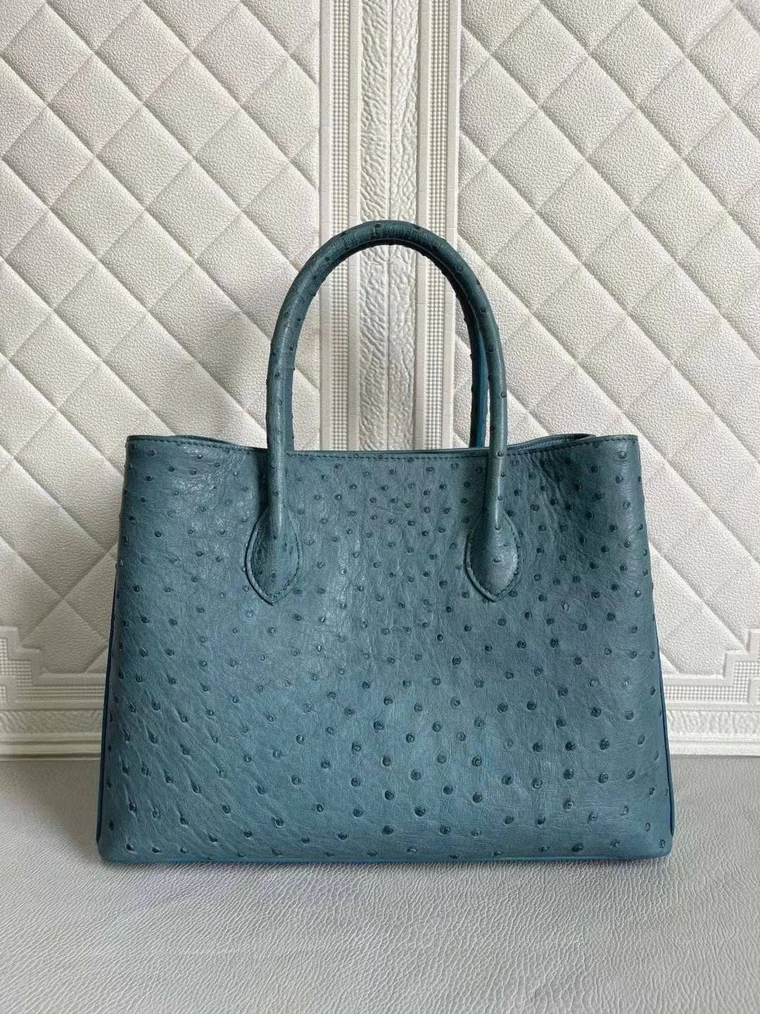 Womens Ostrich Leather Top Handle Shoulder Cross Body Bags Coral Blue & Yellow 33cm