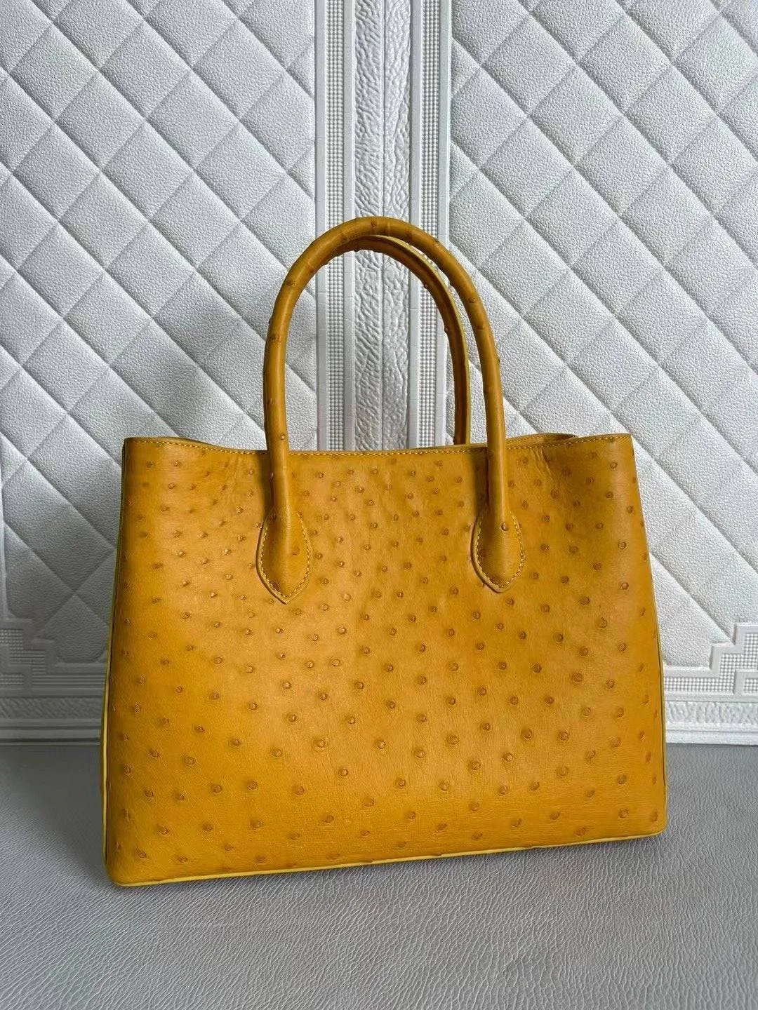 Womens Ostrich Leather Top Handle Shoulder Cross Body Bags Coral Blue & Yellow 33cm
