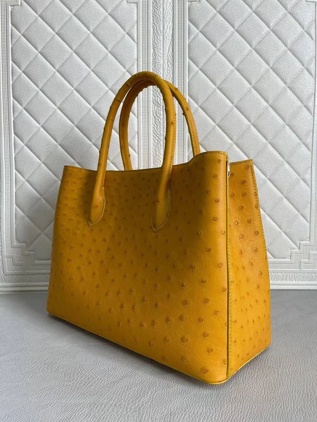 Womens Ostrich Leather Top Handle Shoulder Cross Body Bags Coral Blue & Yellow 33cm