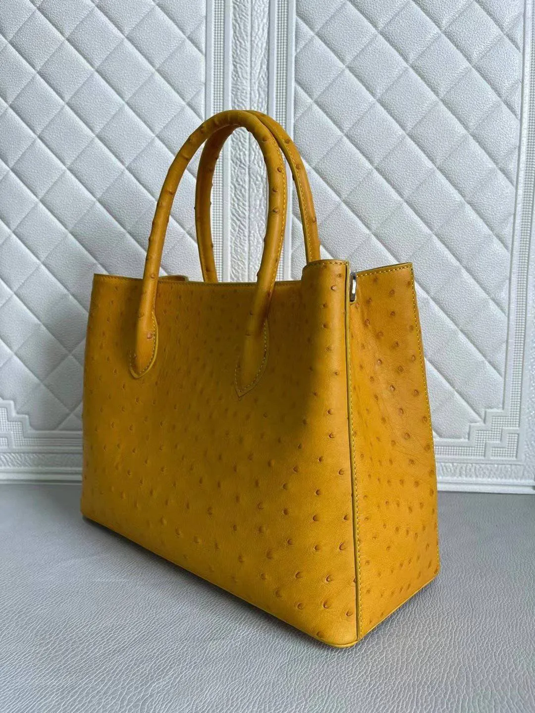 Womens Ostrich Leather Top Handle Shoulder Cross Body Bags Coral Blue & Yellow 33cm