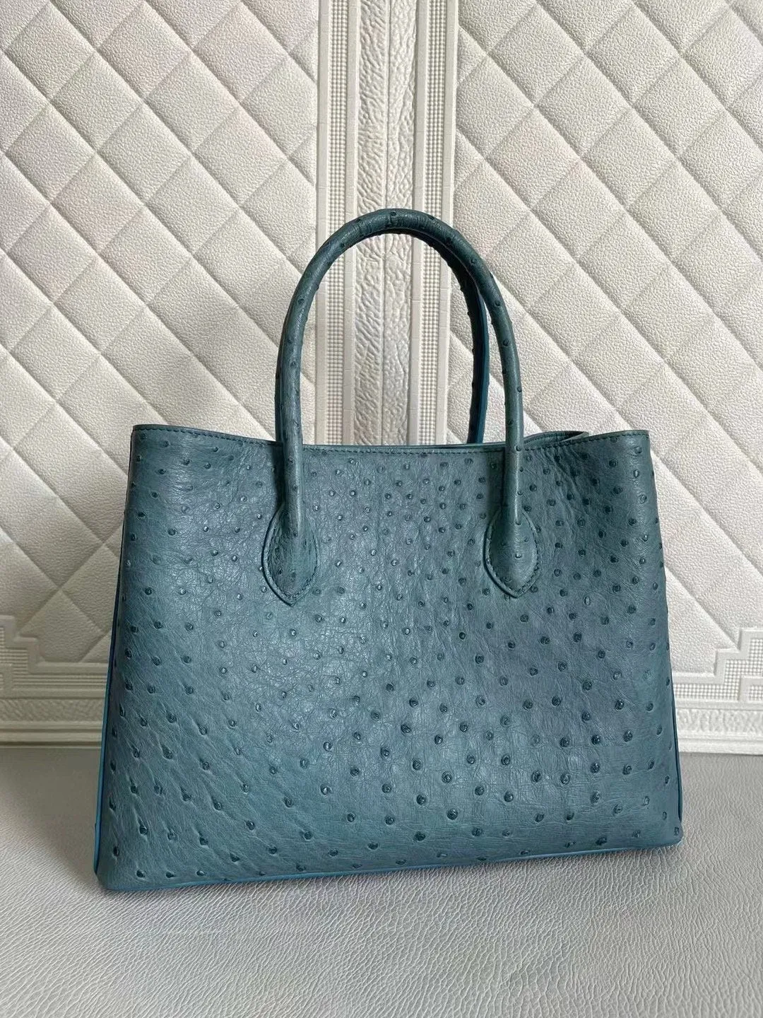 Womens Ostrich Leather Top Handle Shoulder Cross Body Bags Coral Blue & Yellow 33cm